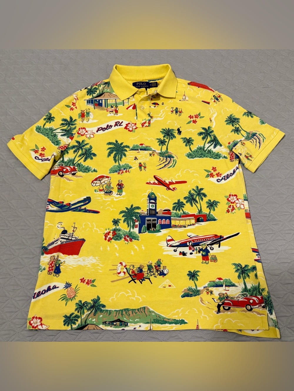 Polo Ralph Lauren Mens Medium Classic Fit Polo Yellow Hawaii Beach Bear Aloha